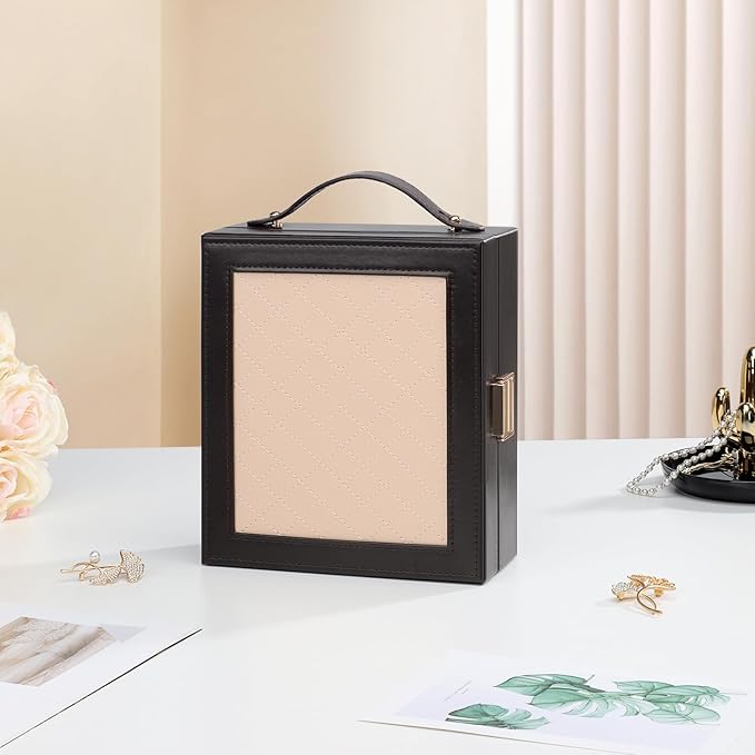 DesignSter Travel Jewelry Case for Woman, Portable Jewelry Travel Box with Mirror, PU Leather Small Jewelry Organizer with Handle for Rings Earrings Bracelets Necklaces(Black Brown & Apricot)