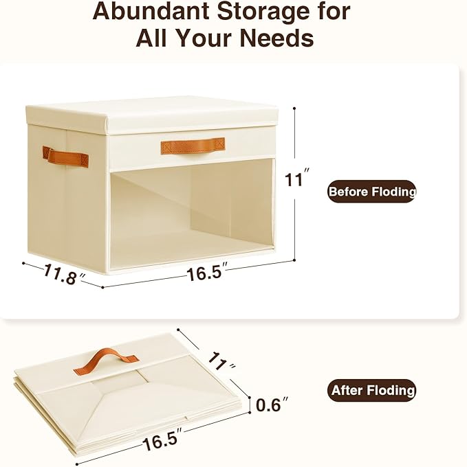Homsorout Large Storage Bins with Lids - 6 Pack Foldable Decorative Organizers with Clear Windows & Handles, Cube Storage Organizers for Clothes, Blankets, Sweaters, CD, Beige
