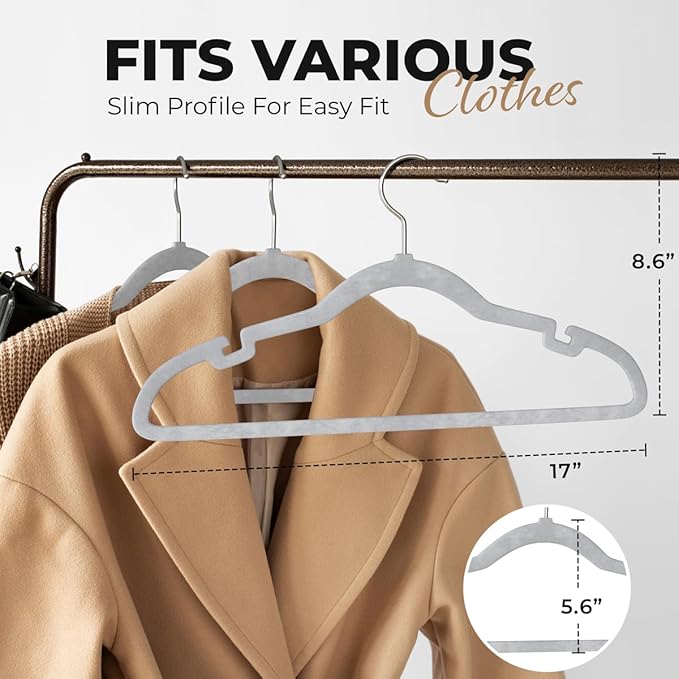 Our Modern Space 100 Pack Velvet Hanger for Shirt Pants Dresses Skirts Suits Jackets - Slim Space Saving Design - Standard Coat Hanger - Sturdy & Durable Design with Shoulder Grooves Hook