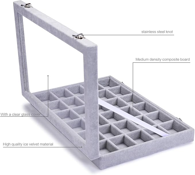 Jewelry Organizer Tray with Clear Lid 30 Grid Velvet Drawer Insert Jewelry Storage box with Glass lid Display Case Store Showcase Holder with Lock Gifts for Women