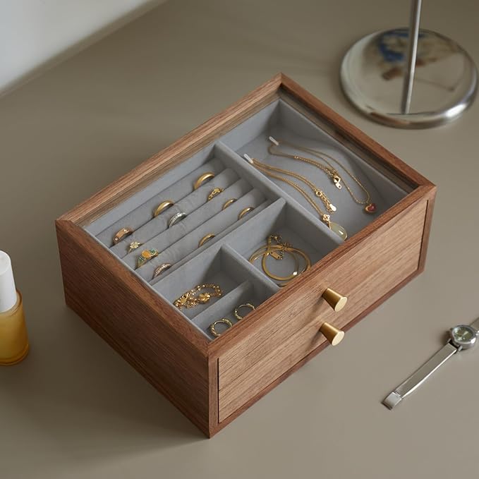 Black Walnut Jewelry Organizers and Storage,2 Layer Wooden Jewelry Boxes for Women,for Necklaces Ring Earring (2 Layer)