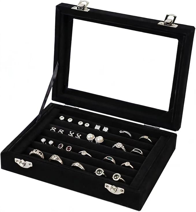 Jewelry Box Rings Organizer Tray 7 Slots Velvet Jewelry Earring Storage Box With Transparent Lid Jewelry Display Case for Girls Women (Black)