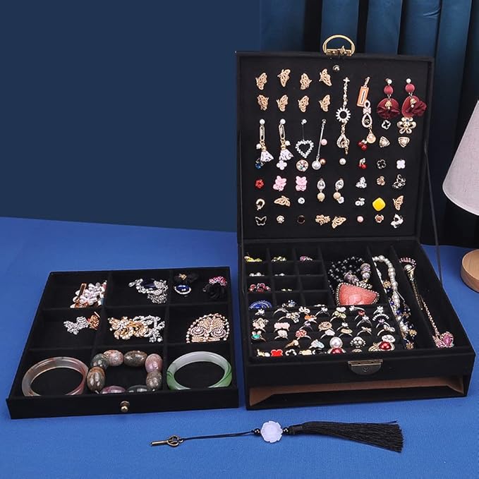 Women Jewelry Box Lockable 3 Layers Large Jewelry Organizer Storage Case for Earrings Necklaces Rings Bracelets,Green Display Jewel Holder (Black)