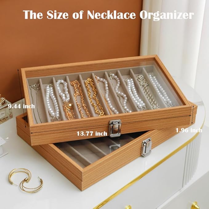 Glass Lid Necklace Organizer Box Transparent Necklace Holder Organizer Velvet Necklace Display Box Clear Lid Jewelry Storage Stackable Necklace Display Case for Women Girls (Style A)