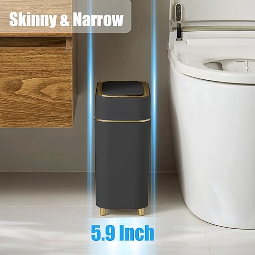 Yatmung 2-Pack - Automatic Trash Cans Touchless Motion Sensor Bathroom Trash Can - Waste Basket for Bedroom, Home Offices, Small Spaces - Compact Smart Garbage Can with Lid - Black with Gold Edge