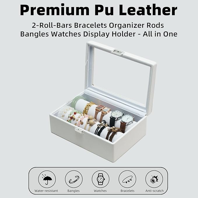 Bracelets Organizer Rods Bangles Display Holder, Clear See through Lid Leather Velvet Jewelry Storage Box Case for Women, 2 Rods White Leather