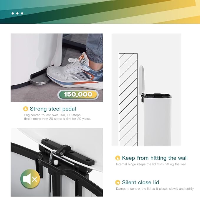 FDW | 13 Gallon Trash Can with Lid | White | Fingerprint-Proof | Made of Brushed Stainless Steel | Soft-Close Step Pedal | Hands-Free Use | Easy to Clean | for Kitchen, Office, Bathroom