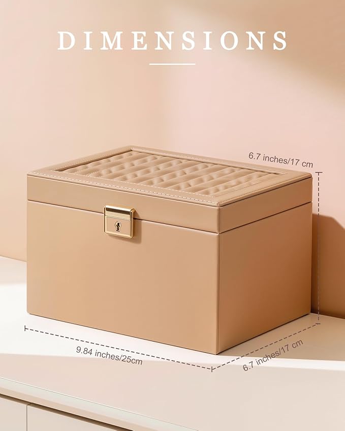 DesignSter Jewelry Box for Women Girl, 3-layer Lockable Jewelry Organizer with Mirror, Large Leather Jewelry Case for Earring Necklace Ring Bracelet Watch
