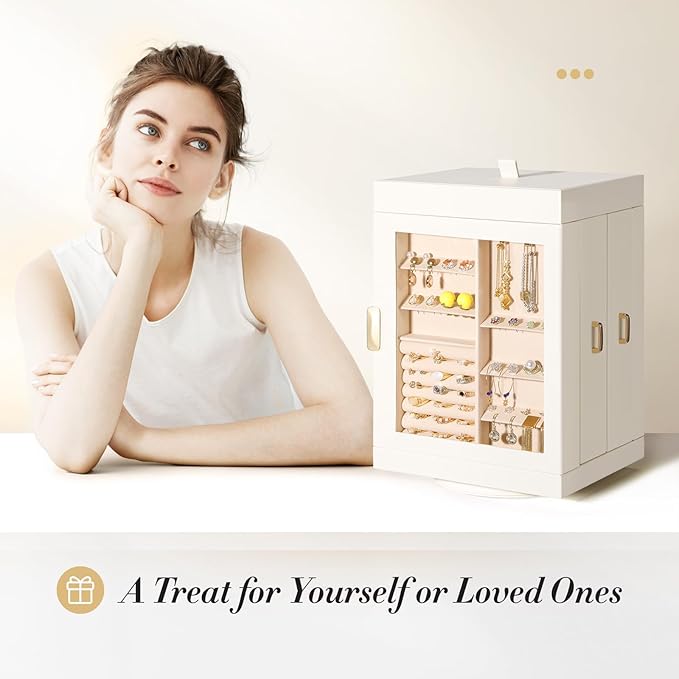 TidyStash 360° Rotating Jewelry Organizers and Storage, Large Jewelry Boxes for Women Necklace, Ring Earring Storage, Vertical Accessory Organizers and Storage, Cream White