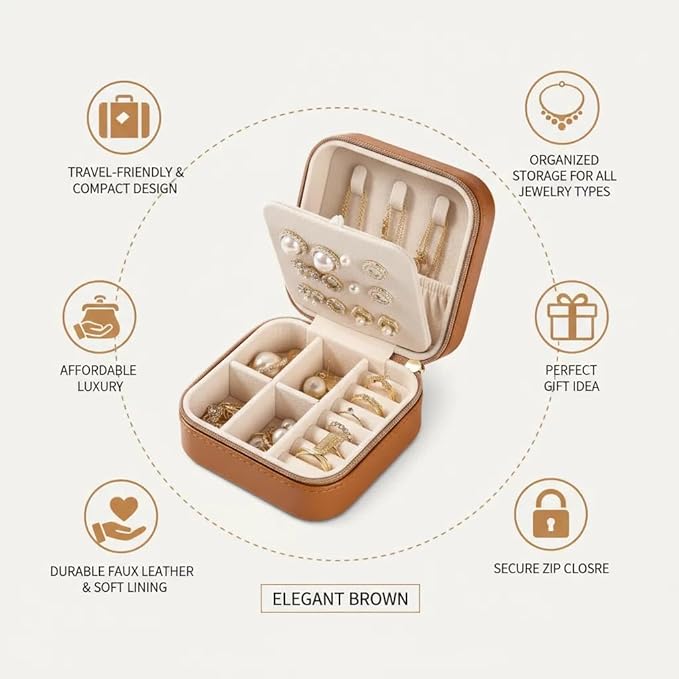 Travel Jewelry Box, PU Leather Small Jewelry Organizer for Women Girls, Portable Mini Travel Case Display Storage Holder Boxes for Stud Earrings, Rings, Necklaces (Brown)