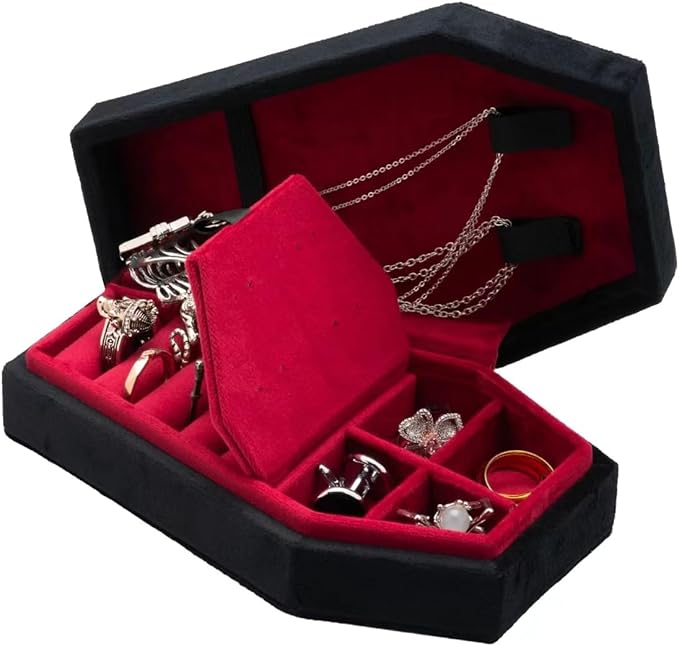 Velvet Coffin Jewelry Travel Case Holder for Gothic Wedding Ceremony Jewelry Organizer Decoration (Black Red 4 Grid)