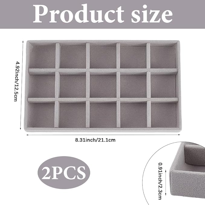 2Pcs 5 x 8.3 Inch Jewelry Drawer Inserts Velvet Jewelry Tray Gray 15 Grids Dresser Earring Drawer with Removable Divider Necklace Organizer Storage Container for Bracelet Ring Watch Display