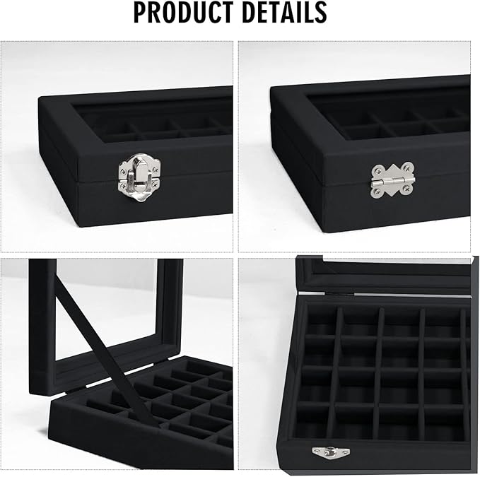 Vicoter Velvet Jewelry Box 24 Grid Jewelry Ring Display Organiser Box Tray Holder Earrings Storage Case for Girls Wife Mom Women (Black)