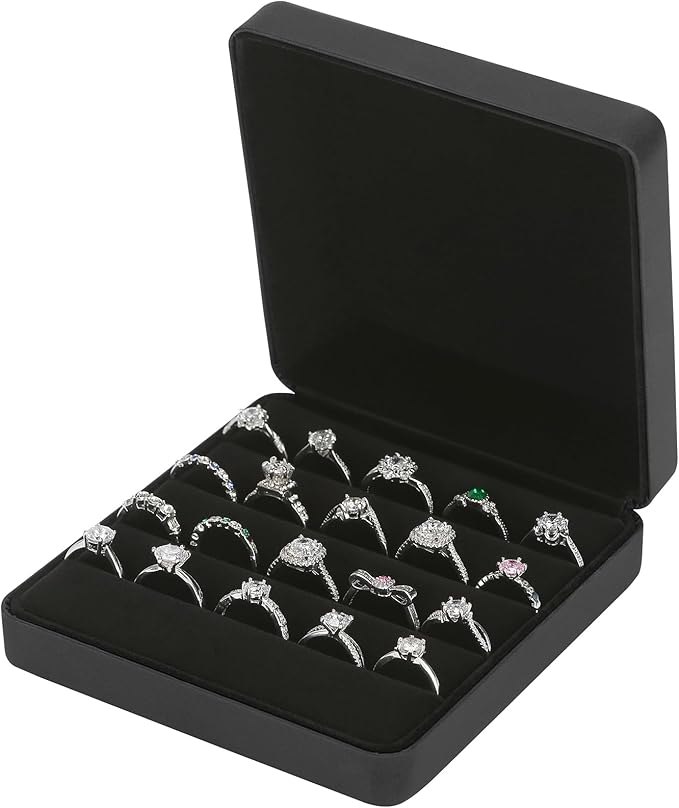 KUKUVR Ring Storage Organizer Box for Multiple Rings, Travel Portable Jewelry Ring Stud Earring Case, Ring Tray Holder Showcase Display Case (Black)
