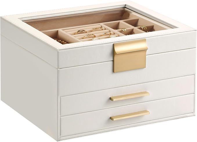 Somduy Jewelry Box Organizer for Women,3 Layers Jewelry Storage Display Box with Glass Lid,Gift for Christmas,3 Drawers,Large Capacity for Necklace Earrings Bracelets Rings,White