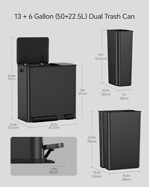 Lovewind Dual Trash and Recycling Bins for Kitchen, 13+6 Gallon Stainless Steel Garbage and Recycle Bin Combo for Large Families, Dual Trash Can with Soft Close Lid & Magnetic Stickers, Black