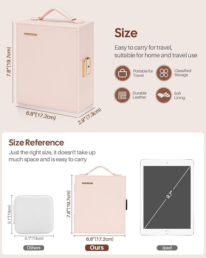 Enthralite Large Travel Jewelry Case: Portable Necklace Box with Mirror - PU Leather & Velvet Lined Jewelry Organizer for Ring Earring Bangle Bracelets Watch - Birthday Gift for Her