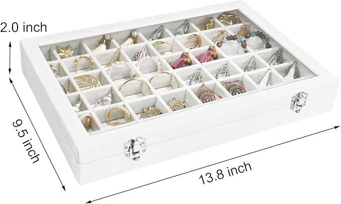 Siveit Velvet Jewelry Tray 48 Grid Jewelry Display Tray Organizer Box with Transparent Lid Rings Earrings Necklaces Pendants Display Box Suitable for Women and Girls (Ivory)