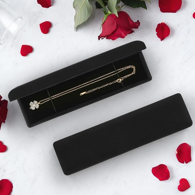 KUKUVR 2 Pieces Metal Velvet Necklace Bracelet Gift Box, Soft Lining Bracelet Pendant Long Chain Organizer Holder Display Case for Wedding Engagement Birthday Anniversary (Black)