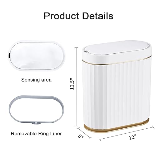 ELPHECO Bathroom Trash Can with Lid 2 Gallon Sensor Garbage Can, Automatic Trash Bin, Motion Sensor Trash Can, IPX5 Waterproof Plastic Wastebasket for Bathroom, Bedroom, Kitchen, Office, White Gold