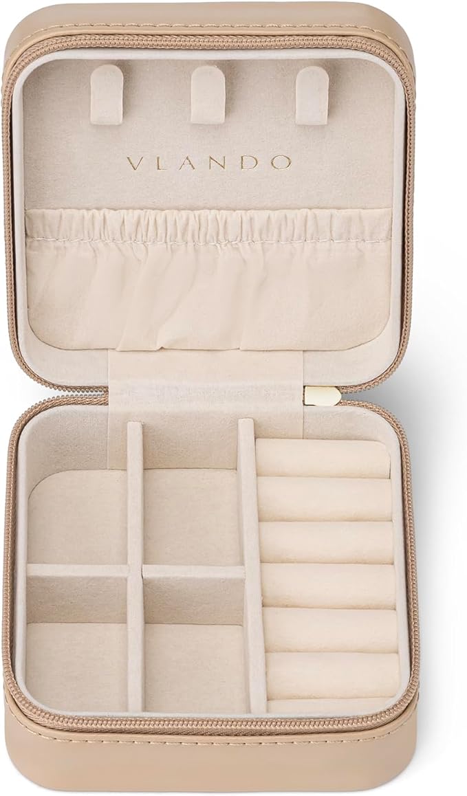 VLANDO Small Travel Jewelry Box Organizer Display Case for Girls Women Gift Rings Earrings Necklaces Storage, Latte