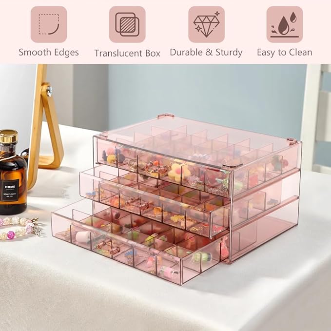 Jewelry Organizer, Earring Holder Organizer Box with 3 Layers, 72 Grids Earring Case, Craft Storage Containers for Nail Charms, Ring, Earrings(Tan)
