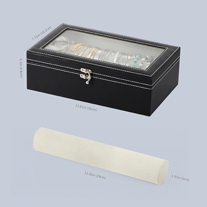 AUTOARK Bracelet & Watch Storage Box with Glass Lid & 2 Anti-Roll Rods,PU Leather Jewelry Case,Soft Lined Locking Organizer for Women,Gift for Dresser & Cabinet Display,Black,MKAW147