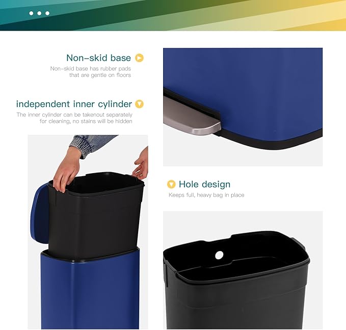 FDW | 13 Gallon Trash Can with Lid | Deep Blue | Fingerprint-Proof | Made of Brushed Stainless Steel | Soft-Close Step Pedal | Hands-Free Use | Easy to Clean | for Kitchen, Office, Bathroom