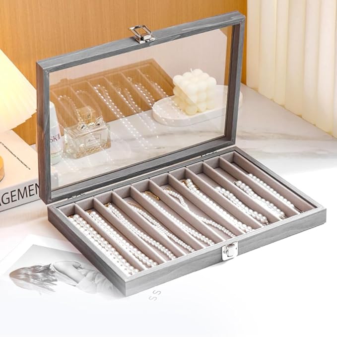 Glass Lid Necklace Organizer Box Transparent Necklace Holder Organizer Velvet Necklace Display Box Clear Lid Jewelry Storage Stackable Necklace Display Case for Women Girls (Grey)