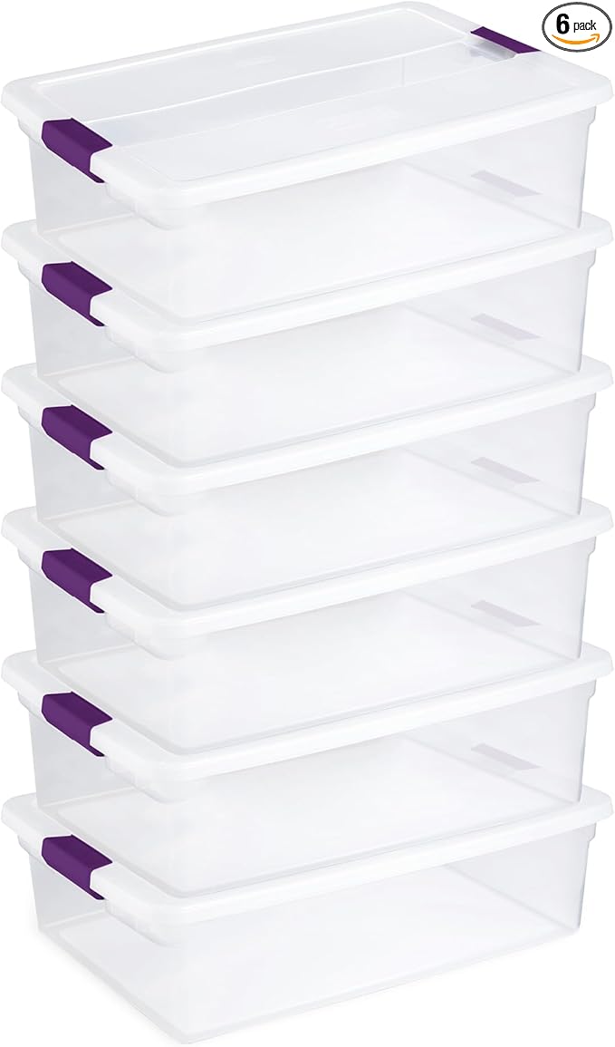 Sterilite 32 Qt ClearView Latch Storage Box, Stackable Bin with Latching Lid, Plastic Container to Organize Clothes Underbed, Clear Base, Lid, 6-Pack