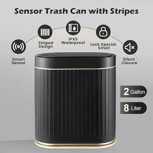 SYNCVIBE Bathroom Sensor Trash Can with Lid Automatic 2 Gallon Small Sensor Garbage Bin, 7.5 Liter Motion Sensor Smart Rubbish Bin Bathroom Decor, Slim Waterproof Plastic Garbage Can, Black Gold