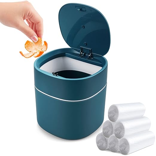 Mini Desk Trash Can with Lid with Trash Bags 180 pcs Press-Top 0.5 Gallon Tiny Countertop Waste Basket Small Table Top Plastic Covered Garbage Bin for Desk Top (Blue)
