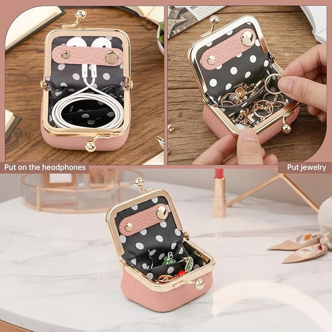 PU Leather Mini Jewelry Box, Vintage Portable Mini Jewelry Organizer with Kiss Lock, Compact Travel Case for Rings, Earrings, Necklaces - Ideal Gift for Women