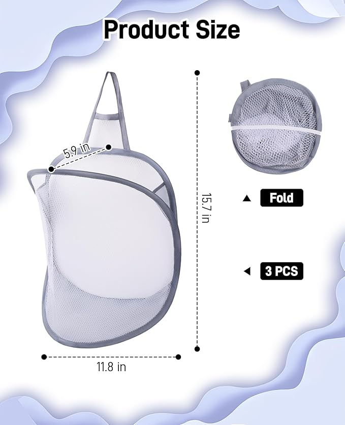 3 Pack Small Hanging Laundry Bag, Foldable Mini Mesh Laundry Hamper Basket