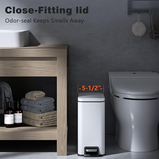 Slim Bathroom Trash Can with Lid Soft Close, 1.6 Gallon Stainless Steel Garbage Can with Removable Inner Bucket, Durable Step Pedal, Small Trash Bins for Toilet, Bedroom, Kitchen, Office