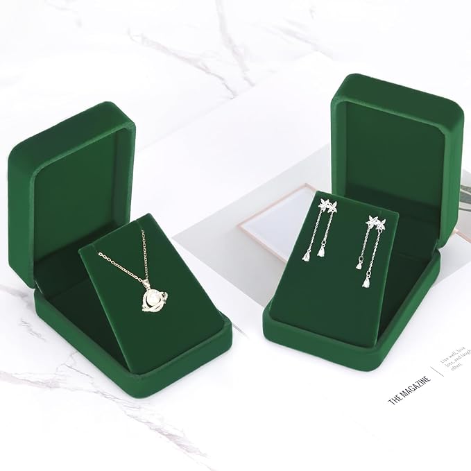 LETURE 2 Pieces Velvet Jewelry Gift Boxes for Necklace Pendant Earring Bracelet, Small Jewelry Storage Display Case for Christmas Wedding Engagement Birthday Anniversary (Green)