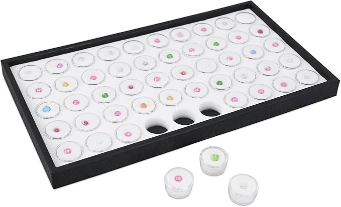 Ikee Design White Foam Gem Jars Showcase Stackable Display Tray for Collectibles, Home Organization Storage Box with 50 Gemstones and Bead Storage Jars, White Foam/Black Tray