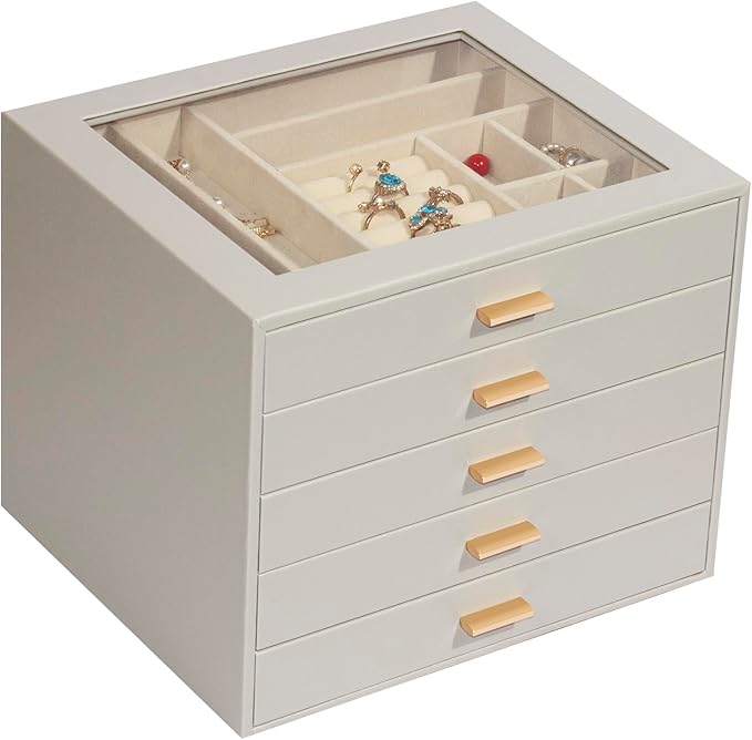 Jewelry Box with Glass Lid, 5-Layer Jewelry Organizer for Women Girls, PU Leather Display Case with 20-Grid Earring Tray & Movable Dividers for Necklaces Rings,Grey