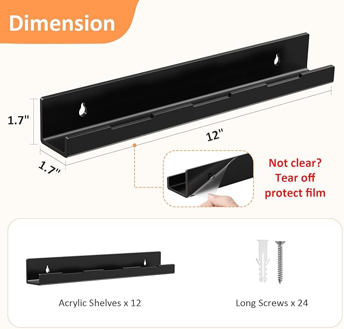 Optish 12 Pack Vinyl Wall Mount Shelf, 12" Vinyl Record Holder, Clear Record Shelf Display and Storage, Acrylic Shelves for Wall, Nursery, Living Room, Bedroom, Black