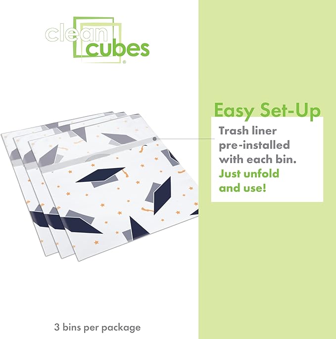 Clean Cubes 13 Gallon Disposable Pop-Up Trash Cans (3-Pack) with Fitted Bags – Foldable Garbage & Recycling Bins for Parties, Events & Kitchen (Graduation, 17" H x 13.5" W x 10" D)
