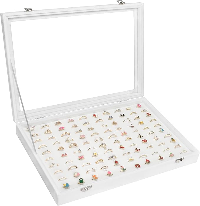 Vicoter Rings Organizer Tray 100 Slot Velvet Ring Earring Storage Box TranSparent Cover Jewelry Store Ring Display Box Jewelry Display Cabinet for Girl Wife Mother