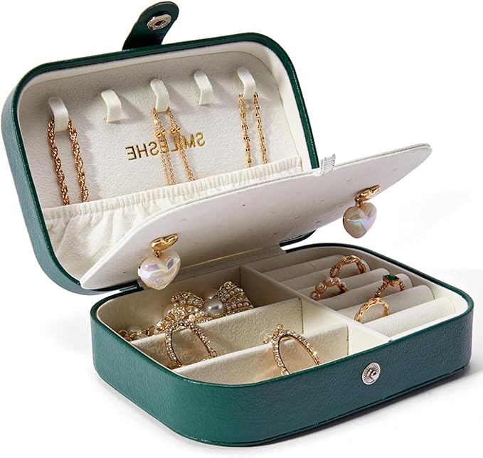 Smileshe Jewelry Box, PU Leather Small Portable Travel Case, 2 Layers Organizer Display Storage Holder Boxes for Rings, Earrings, Necklaces, Bracelets