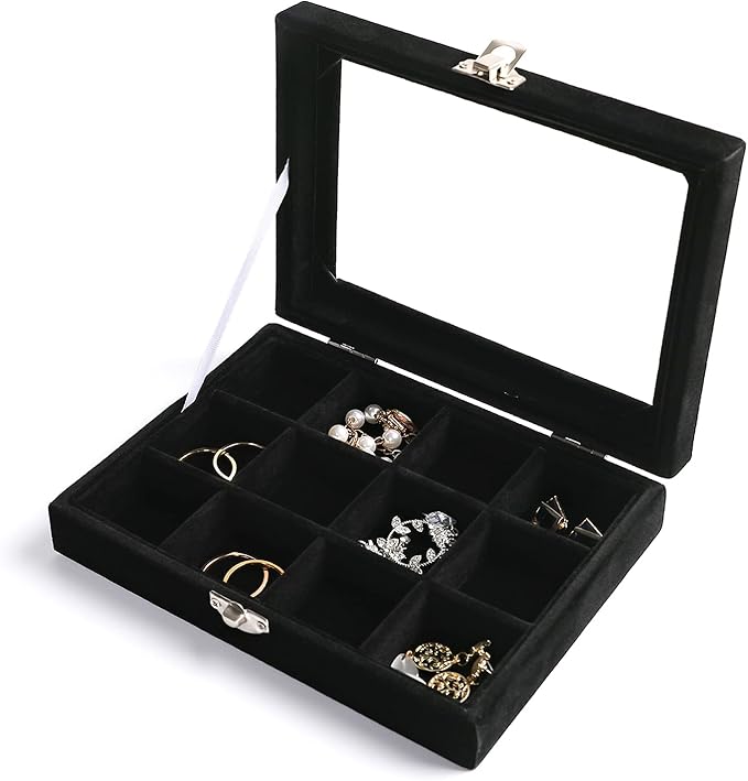 Frebeauty Jewelry Organizer Tray with Clear Lid,12 Grid Velvet Drawer Insert Jewelry Box with Transparent lid Jewelry Display Case Store Showcase Jewelry Box Gift for Women(Black,12 Grid)