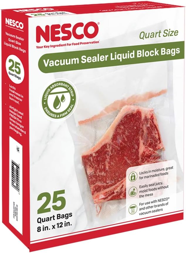 Nesco Vacuum Sealer Liquid Block Bags, Quart Sized, 25 Count by NESCO