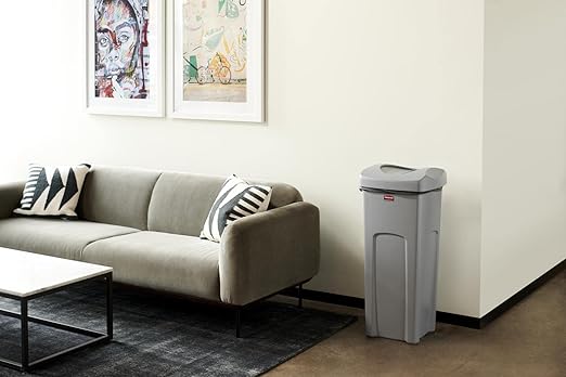 Rubbermaid Commercial Products Square Trash/Garbage Container with Untouchable Swing Top Lid, 23-Gallon, Gray, Perfect for Outdoor/Restaurant/School/Kitchen