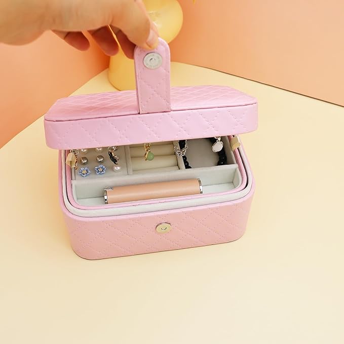Jewelry Travel Case, 2-Layer Jewelry Box Organizer Medium Jewelry Travel Box, Portable Faux Leather Jewellery Storage Boxes with Argyle for Women, Daily Jewellery Case Home Use (Peach pink)