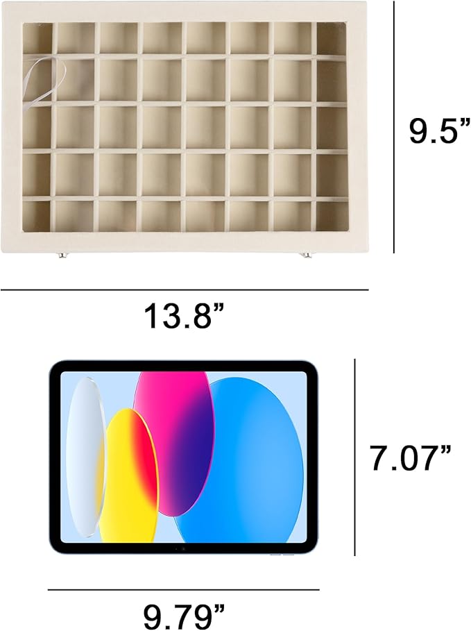 Frebeauty 40 Grid Jewelry Tray,Adjustable Earring Holder Organizer with Glass Lid,Velvet Drawer Jewelry Organizer for Rings,Studs,13.8 x 9.5 x 2 Inches Jewelry Display Box,Gift for Women(Beige)
