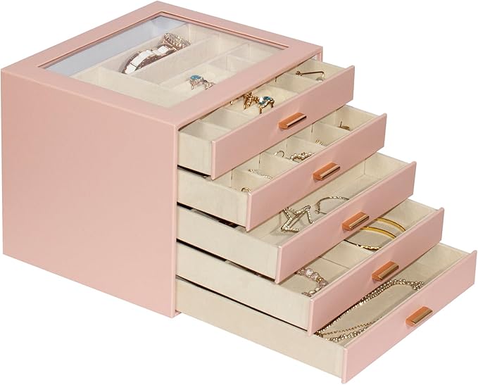 Jewelry Box with Glass Lid, 5-Layer Jewelry Organizer for Women Girls, PU Leather Display Case with 20-Grid Earring Tray & Movable Dividers for Necklaces Rings,Pink