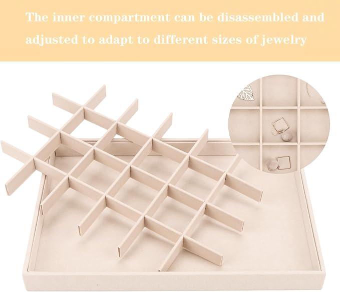 Large Velvet Jewelry Tray, Drawer Organizer for Jewelry in Dresser, Stackable Jewelry Drawer Organizer Inserts for Earring Necklace Bracelet Rings(Beige,24grid)