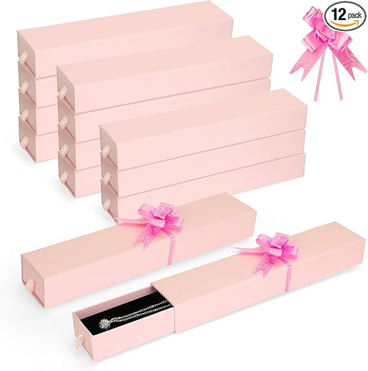 12-Pack Drawer Style Jewelry Gift Boxes with Sponge Insert, 8.7"x1.8"x1.2" Necklace & Bracelet Display Box for Presentation, Cardboard Storage Organizer for Pendant, Ring, Earring - Pink